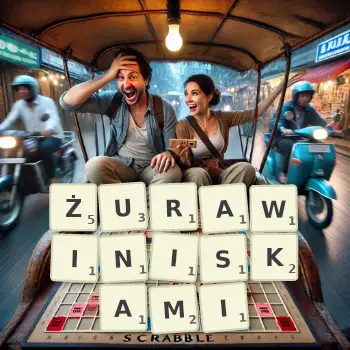 Kreatywna ilustracja do gry w Scrabble ze słowem ŻURAWINISKAMI ułożonym z płytek na planszy.