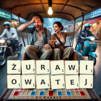 Kreatywna ilustracja do gry w Scrabble ze słowem ŻURAWIOWATEJ ułożonym z płytek na planszy.