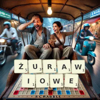 Kreatywna ilustracja do gry w Scrabble ze słowem ŻURAWIOWE ułożonym z płytek na planszy.