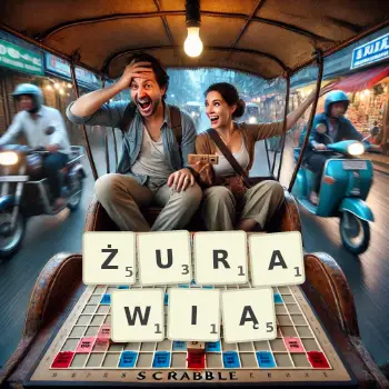 Kreatywna ilustracja do gry w Scrabble ze słowem ŻURAWIĄ ułożonym z płytek na planszy.