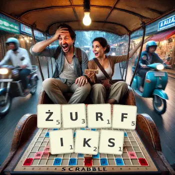 Kreatywna ilustracja do gry w Scrabble ze słowem ŻURFIKS ułożonym z płytek na planszy.