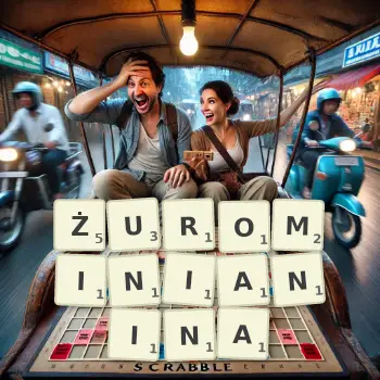 Kreatywna ilustracja do gry w Scrabble ze słowem ŻUROMINIANINA ułożonym z płytek na planszy.