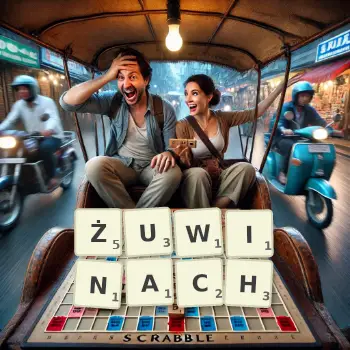 Kreatywna ilustracja do gry w Scrabble ze słowem ŻUWINACH ułożonym z płytek na planszy.