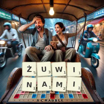 Kreatywna ilustracja do gry w Scrabble ze słowem ŻUWINAMI ułożonym z płytek na planszy.