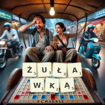 Kreatywna ilustracja do gry w Scrabble ze słowem ŻUŁAWKĄ ułożonym z płytek na planszy.