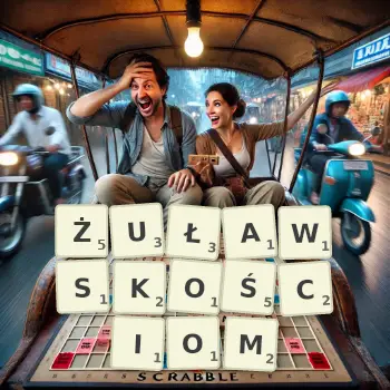 Kreatywna ilustracja do gry w Scrabble ze słowem ŻUŁAWSKOŚCIOM ułożonym z płytek na planszy.