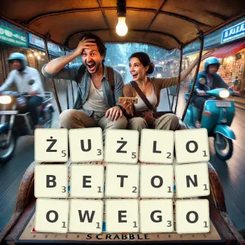 Kreatywna ilustracja do gry w Scrabble ze słowem ŻUŻLOBETONOWEGO ułożonym z płytek na planszy.