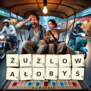 Kreatywna ilustracja do gry w Scrabble ze słowem ŻUŻLOWAŁOBYŚ ułożonym z płytek na planszy.