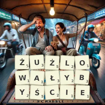 Kreatywna ilustracja do gry w Scrabble ze słowem ŻUŻLOWAŁYBYŚCIE ułożonym z płytek na planszy.