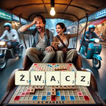 Kreatywna ilustracja do gry w Scrabble ze słowem ŻWACZ ułożonym z płytek na planszy.