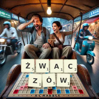 Kreatywna ilustracja do gry w Scrabble ze słowem ŻWACZÓW ułożonym z płytek na planszy.