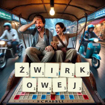Kreatywna ilustracja do gry w Scrabble ze słowem ŻWIRKOWEJ ułożonym z płytek na planszy.