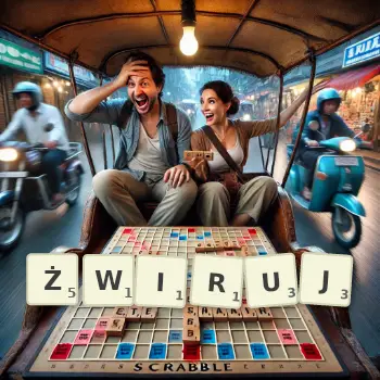 Kreatywna ilustracja do gry w Scrabble ze słowem ŻWIRUJ ułożonym z płytek na planszy.