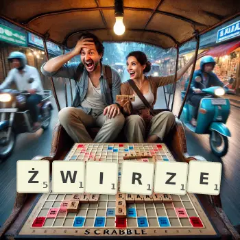 Kreatywna ilustracja do gry w Scrabble ze słowem ŻWIRZE ułożonym z płytek na planszy.