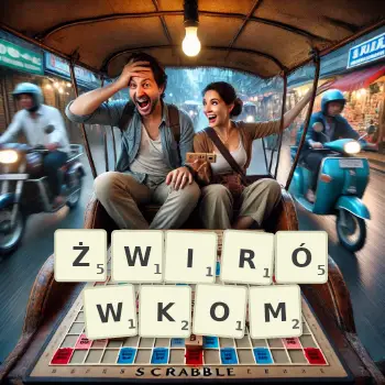 Kreatywna ilustracja do gry w Scrabble ze słowem ŻWIRÓWKOM ułożonym z płytek na planszy.