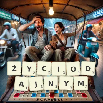 Kreatywna ilustracja do gry w Scrabble ze słowem ŻYCIODAJNYM ułożonym z płytek na planszy.