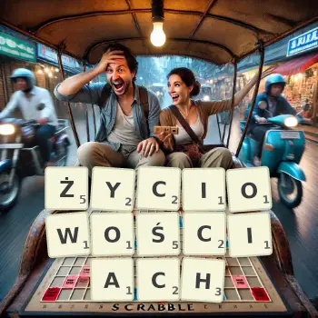 Kreatywna ilustracja do gry w Scrabble ze słowem ŻYCIOWOŚCIACH ułożonym z płytek na planszy.