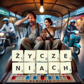 Kreatywna ilustracja do gry w Scrabble ze słowem ŻYCZENIACH ułożonym z płytek na planszy.