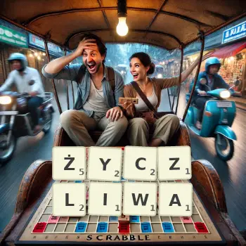 Kreatywna ilustracja do gry w Scrabble ze słowem ŻYCZLIWA ułożonym z płytek na planszy.