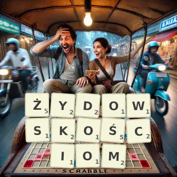 Kreatywna ilustracja do gry w Scrabble ze słowem ŻYDOWSKOŚCIOM ułożonym z płytek na planszy.
