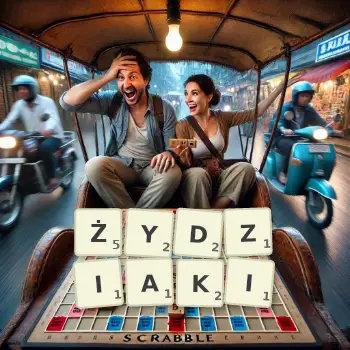 Kreatywna ilustracja do gry w Scrabble ze słowem ŻYDZIAKI ułożonym z płytek na planszy.