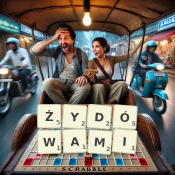 Kreatywna ilustracja do gry w Scrabble ze słowem ŻYDÓWAMI ułożonym z płytek na planszy.