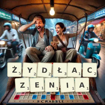 Kreatywna ilustracja do gry w Scrabble ze słowem ŻYDŁACZENIA ułożonym z płytek na planszy.