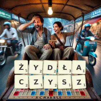 Kreatywna ilustracja do gry w Scrabble ze słowem ŻYDŁACZYSZ ułożonym z płytek na planszy.