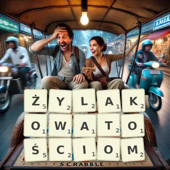 Kreatywna ilustracja do gry w Scrabble ze słowem ŻYLAKOWATOŚCIOM ułożonym z płytek na planszy.