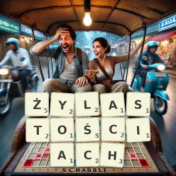 Kreatywna ilustracja do gry w Scrabble ze słowem ŻYLASTOŚCIACH ułożonym z płytek na planszy.