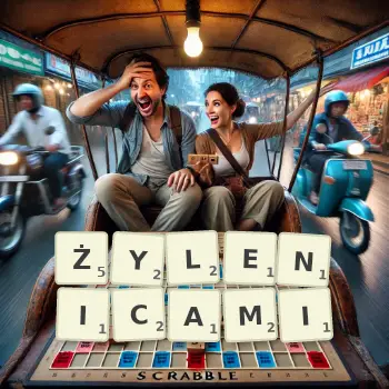 Kreatywna ilustracja do gry w Scrabble ze słowem ŻYLENICAMI ułożonym z płytek na planszy.