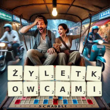 Kreatywna ilustracja do gry w Scrabble ze słowem ŻYLETKOWCAMI ułożonym z płytek na planszy.