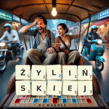 Kreatywna ilustracja do gry w Scrabble ze słowem ŻYLIŃSKIEJ ułożonym z płytek na planszy.