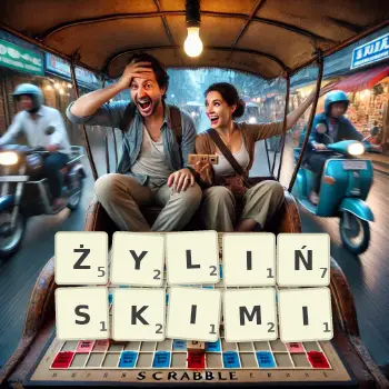 Kreatywna ilustracja do gry w Scrabble ze słowem ŻYLIŃSKIMI ułożonym z płytek na planszy.