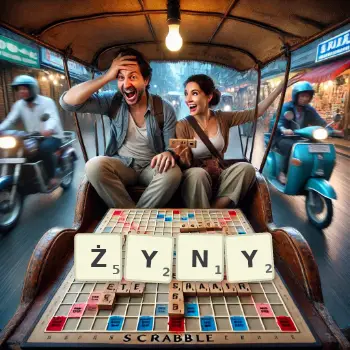 Kreatywna ilustracja do gry w Scrabble ze słowem ŻYNY ułożonym z płytek na planszy.