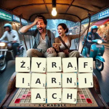 Kreatywna ilustracja do gry w Scrabble ze słowem ŻYRAFIARNIACH ułożonym z płytek na planszy.