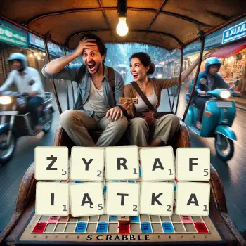 Kreatywna ilustracja do gry w Scrabble ze słowem ŻYRAFIĄTKA ułożonym z płytek na planszy.