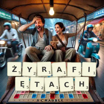 Kreatywna ilustracja do gry w Scrabble ze słowem ŻYRAFIĘTACH ułożonym z płytek na planszy.