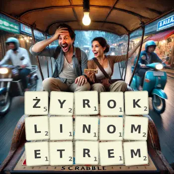 Kreatywna ilustracja do gry w Scrabble ze słowem ŻYROKLINOMETREM ułożonym z płytek na planszy.