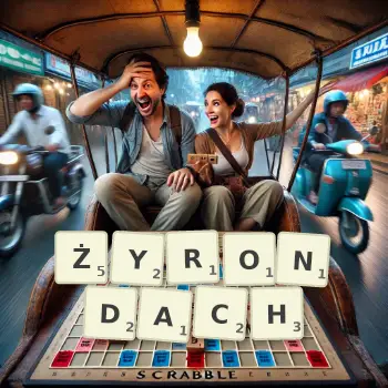 Kreatywna ilustracja do gry w Scrabble ze słowem ŻYRONDACH ułożonym z płytek na planszy.