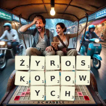 Kreatywna ilustracja do gry w Scrabble ze słowem ŻYROSKOPOWYCH ułożonym z płytek na planszy.