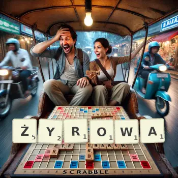 Kreatywna ilustracja do gry w Scrabble ze słowem ŻYROWA ułożonym z płytek na planszy.