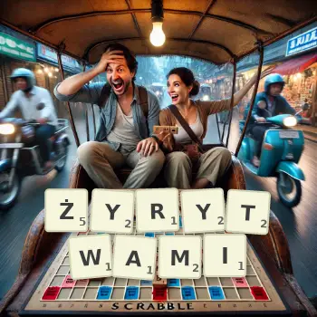 Kreatywna ilustracja do gry w Scrabble ze słowem ŻYRYTWAMI ułożonym z płytek na planszy.