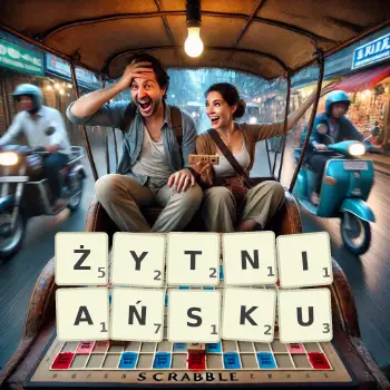 Kreatywna ilustracja do gry w Scrabble ze słowem ŻYTNIAŃSKU ułożonym z płytek na planszy.