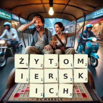 Kreatywna ilustracja do gry w Scrabble ze słowem ŻYTOMIERSKICH ułożonym z płytek na planszy.