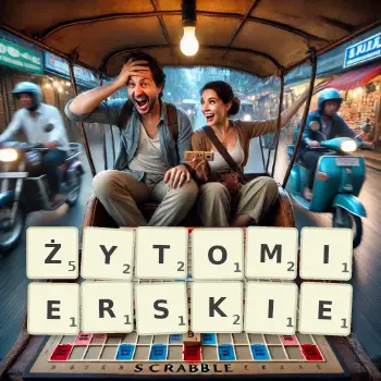 Kreatywna ilustracja do gry w Scrabble ze słowem ŻYTOMIERSKIE ułożonym z płytek na planszy.