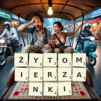 Kreatywna ilustracja do gry w Scrabble ze słowem ŻYTOMIERZANKI ułożonym z płytek na planszy.