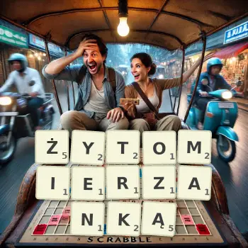 Kreatywna ilustracja do gry w Scrabble ze słowem ŻYTOMIERZANKĄ ułożonym z płytek na planszy.