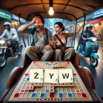 Kreatywna ilustracja do gry w Scrabble ze słowem ŻYW ułożonym z płytek na planszy.