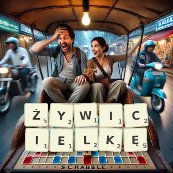 Kreatywna ilustracja do gry w Scrabble ze słowem ŻYWICIELKĘ ułożonym z płytek na planszy.